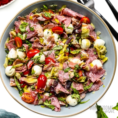 Antipasto salad recipe in a bowl.