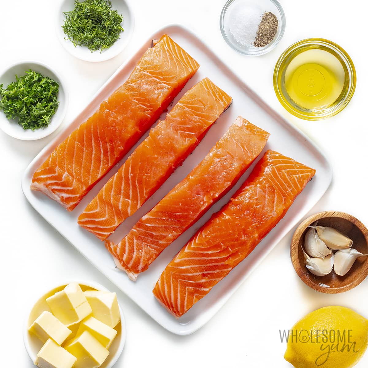 Ingredients to make pan fried salmon.