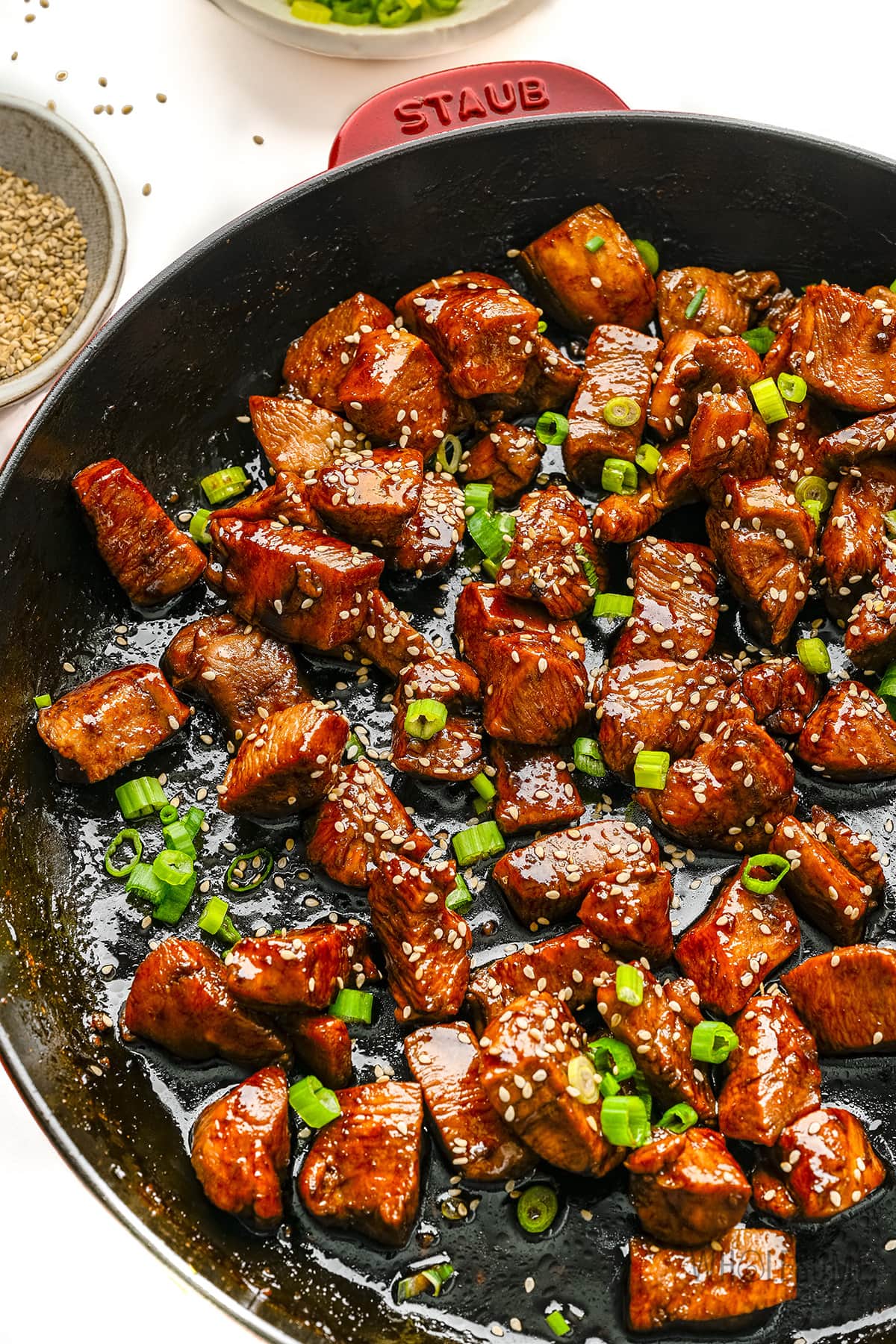 Teriyaki chicken in a skillet.