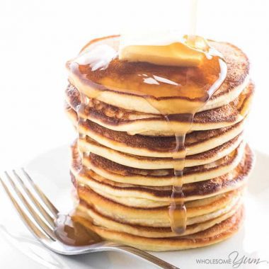 Coconutflourpancakesrecipe stackshownwithbutterandsyrup